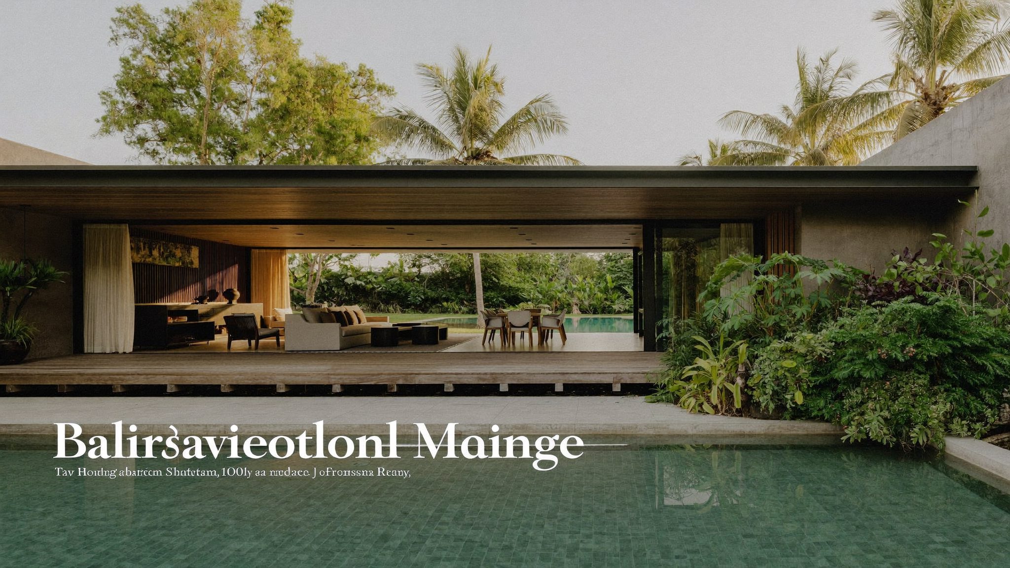 Teras terbuka rumah Bali-modern dalam cahaya pagi dengan kayu hangat dan tanaman tropis
